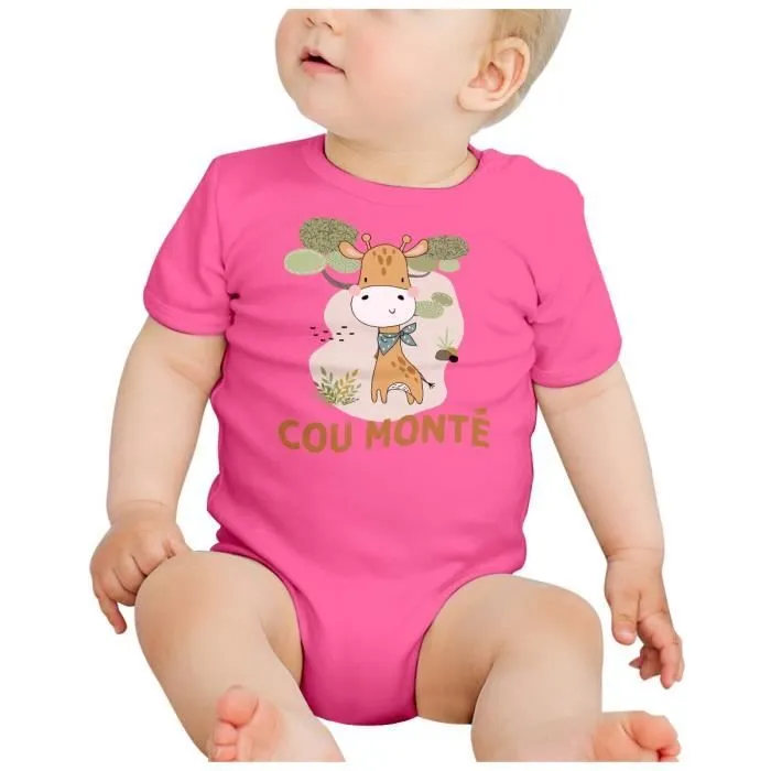 Body Bébé Manche Courte Rose Girafe Cou Monté Humour Dessin Illustration-1