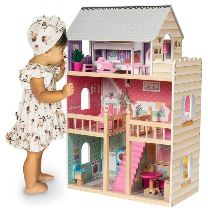 Mamabrum Maison de Poupées en Bois, 60 x 30 x 90 cm Éclairage LED 3 Étages Terrasse & Accessoires -Peinture écologique Normes CE-0