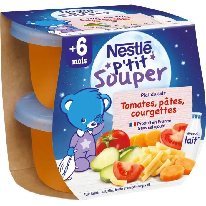 NESTLÉ Ptit Souper Plat du soir Tomates pâtes courgettes avec du lait - 2x200 g - Dès 6 mois-0