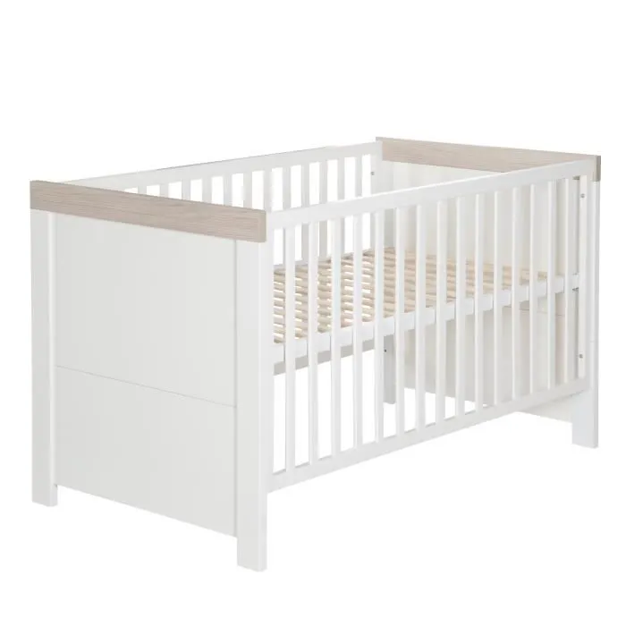 ROBA Lit Bébé Évolutif 70x140 cm - Lucy - Hauteur Ajustable à 3 Niveaux - Convertible en Lit Junior - Blanc Canadien / Effet Bois-0