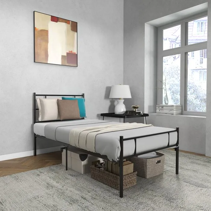 Cadre de lit simple 90 x 190 cm - HOMCOM - sommier à lattes en acier, tête de lit et pied de lit - hauteur 31 cm rangement sous lit-2
