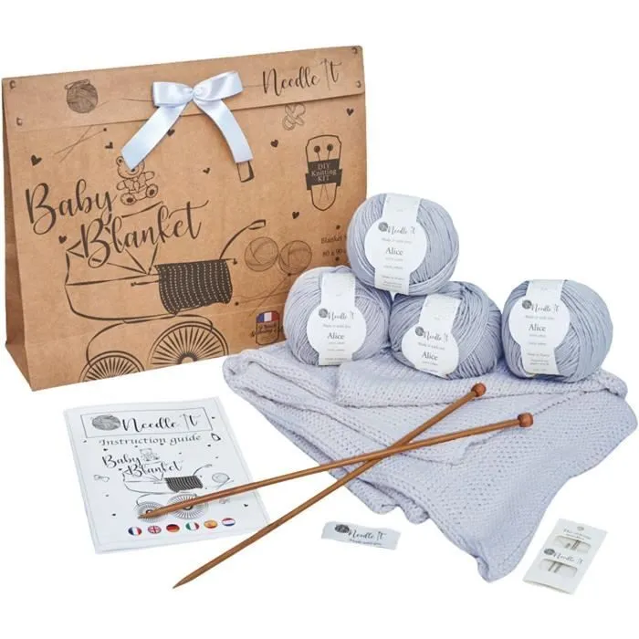 Needle It – Kit Tricot pour débutant complet avec aiguilles à tricot – Couverture bébé à tricoter soi-même (bleu ciel) - Idée Cadeau-0