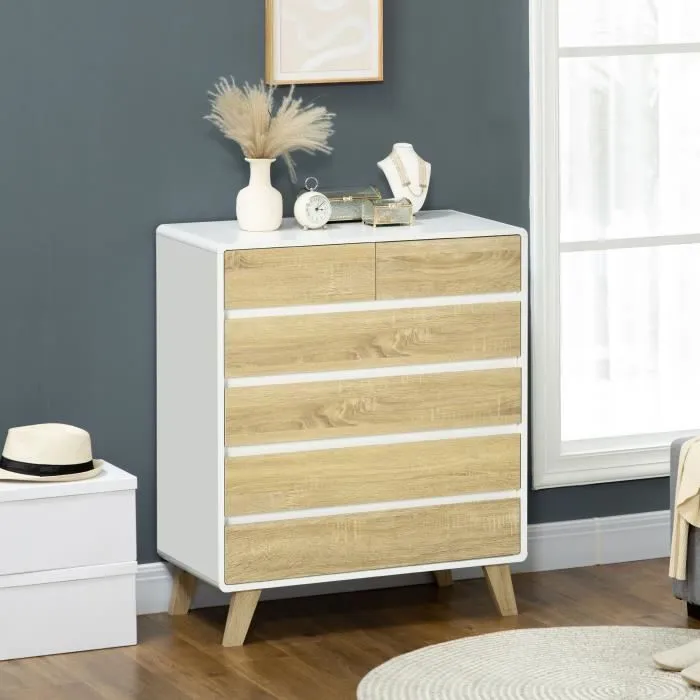 Commode - HOMCOM - Design scandinave - 6 tiroirs - Blanc aspect chêne clair-1