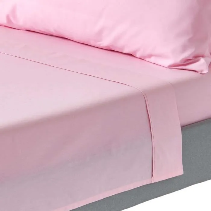 Drap plat uni 100% coton égyptien 200 fils coloris rose 270 x 300 cm-0