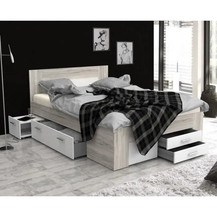 UDINE Lit adulte contemporain décor chêne cendré et blanc mat - l 140 x L 200 cm-8