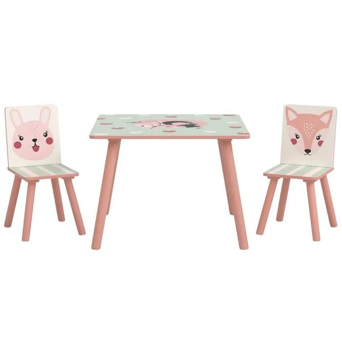 Ensemble table et chaises pour enfants - ZONEKIZ - motif animaux - pour chambre à coucher salle de jeux - pieds en bois - rose-0