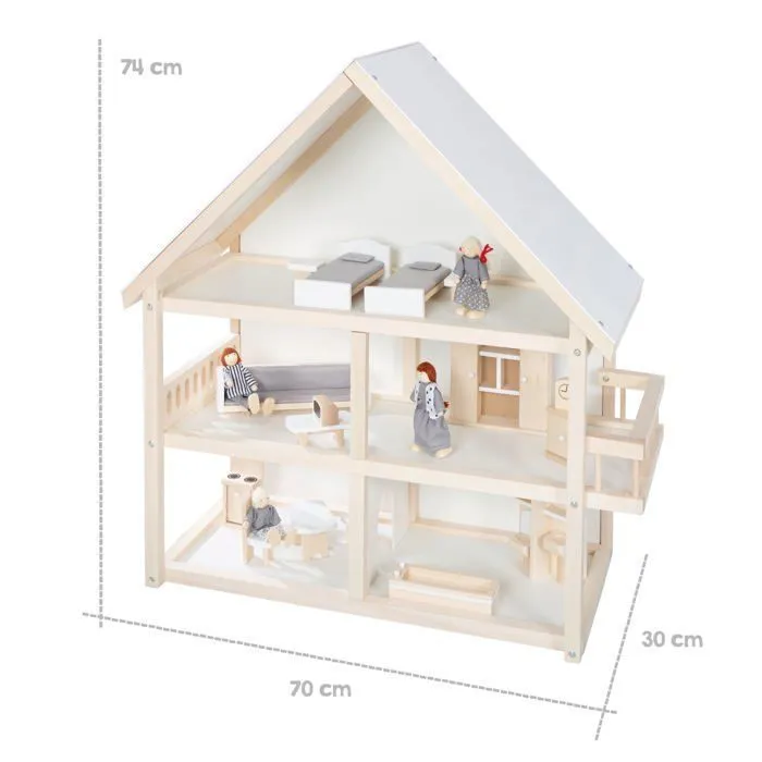 ROBA Maison de Poupée à 3 Étages en Bois Naturel + 16 Pièces de Mobilier et 4 Poupées - Jouet d'Imitation-2