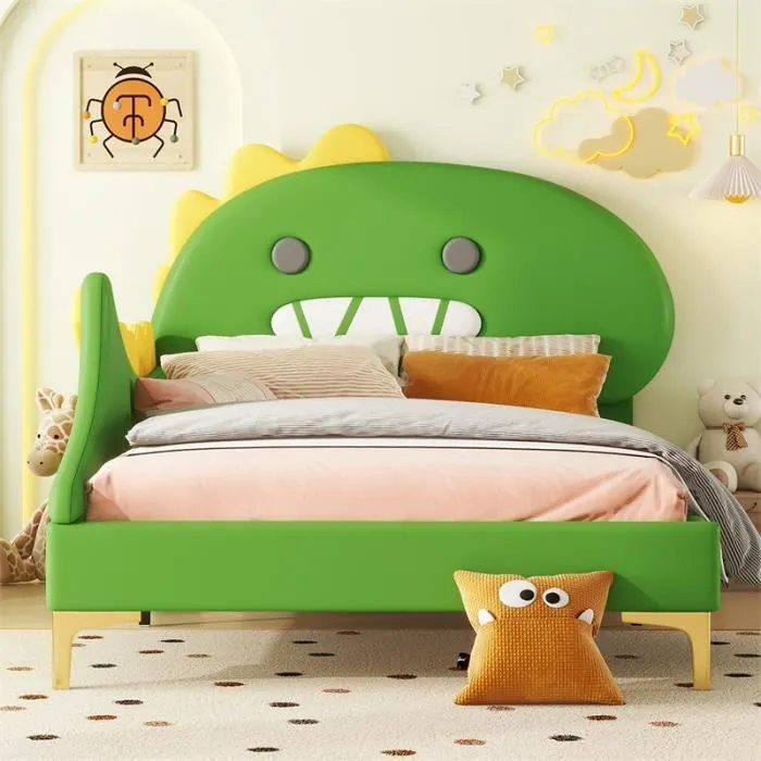 Lit d'enfant - Dinosaure - 90x200cm - PU - Vert - 1 place-0