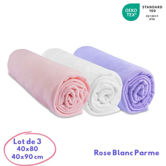 Lot de 3 Draps housse en jersey coton pour lit berceau 40x80 - EASY DORT - Rose Blanc Parme-0