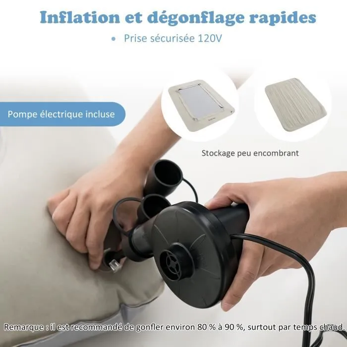COSTWAY Matelas Gonflable 1 Place Amovible 165x118x20cm Lit de Voyage Enfant Polyvalente en PVC Surface Floqué avec Pompe Electrique-3