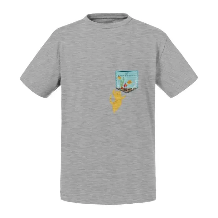 T-shirt Enfant Gris Poche Surprise Chat Aquarium Poisson Dessin-0