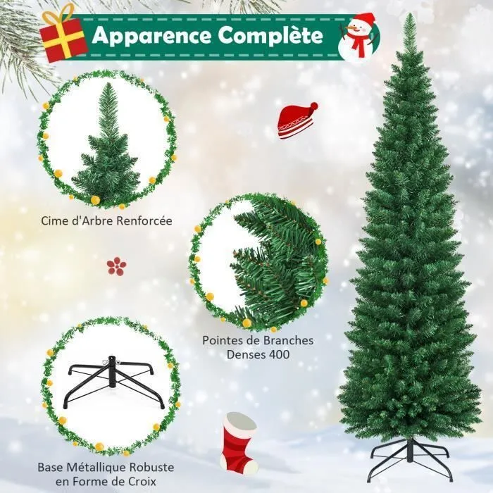 COSTWAY Sapin de Noël Artificiel 180 cm 400 Branches Support en Métal Solide Aiguilles en PVC Décoration de Fêtes Vert Naturel-2
