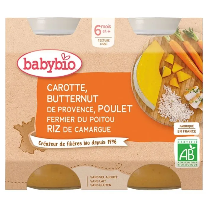 Babybio - Petit Pot Bébé Carotte Courge Butternut Poulet Riz - Bio - 2x200g - Dès 6 mois-0