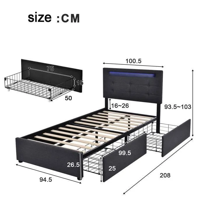 Lit Coffre avec LED 90 x 200 cm, Bois et Métal Lit double avec 2 tiroirs, sommier à lattes et tête de lit, gris-3