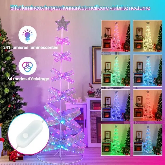 COSTWAY Sapin de Noël en Spirale de 210 cm Pré-éclairé, Pliable, à Couleur Changeante avec 341 Lumières LED & 34 Modes d'Éclairage-2
