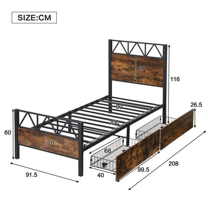 Lit simple 90x200cm - MARQUE - Métal + MDF - Noir + Noyer - 2 tiroirs - Design contemporain-3