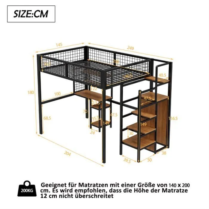Lit mezzanine - Enfant - 140x200cm - Métal noir - Échelle de sécurité - Bureau intégré-3