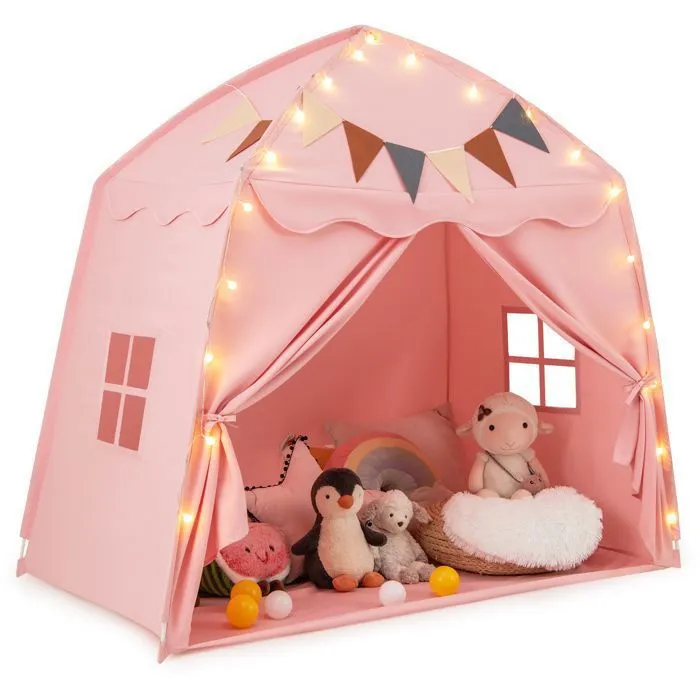 Tente de Jeu pour Enfants COSTWAY-Drapeaux et Guirlandes Lumineuses-Fenêtre Respirante-Lavable en Machine-157 x 98 x 148 cm-Rosé-0
