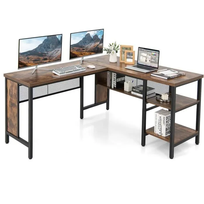 COSTWAY Bureau d’Angle Industriel en Forme de L, 150 x 140 x 75 cm Plateau de Table Spacieux & 3 Étagères Ouvertes, Marron Rustique-0