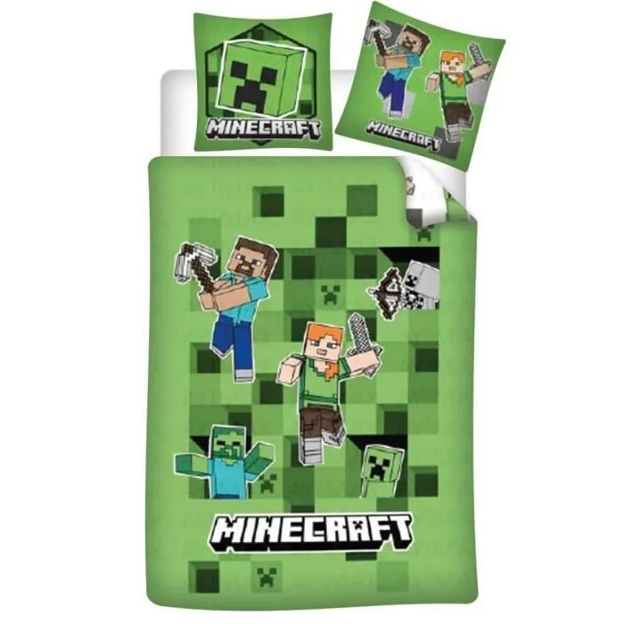 Minecraft - Parure de Lit Enfant Polycoton Creeper, Housse de couette 140x200 cm, une Taie d’oreiller 65x65 cm-0