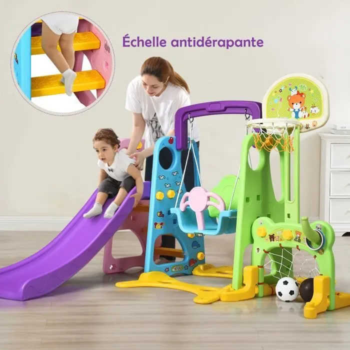 COSTWAY Ensemble Toboggan Balançoire 6 en 1: Basket-ball, Football, Escalade, Jeu Boucle - Exterieur Intérieure 3 - 8 Ans Violet-1