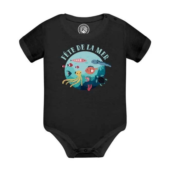 Body Bébé Manche Courte Noir Fête de la Mer Poisson Animaux Dessin Illustration-0