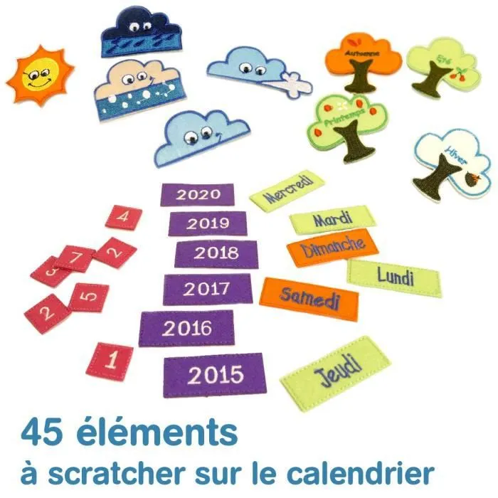 LUDI - Calendrier bleu pour enfant dès 3 ans. Panneau en tissu brodé 53 x 38 cm et accroche murale - 45 étiquettes amovibles-4