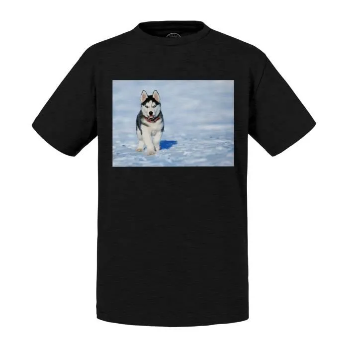 T-shirt Enfant Noir Chiot Husky dans la Neige Chien Collier Rouge Yeux Bleus Mignon Canin-0