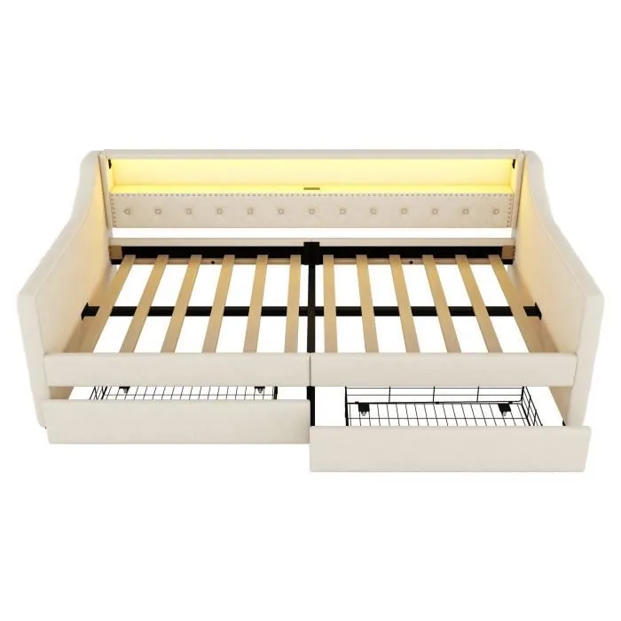 Canapé lit - Lin - Beige - 90x200 cm - LED - USB - 2 tiroirs-2