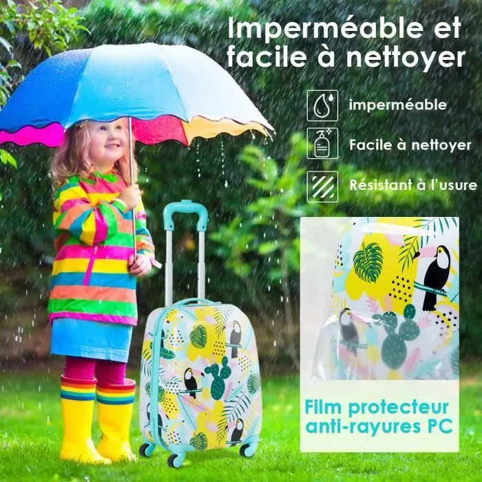 COSTWAY Valise Enfant à Roulettes Bagage pour Enfant 16’’ + Sac à Dos 12’’ en Motif Flamant pour Enfant-1