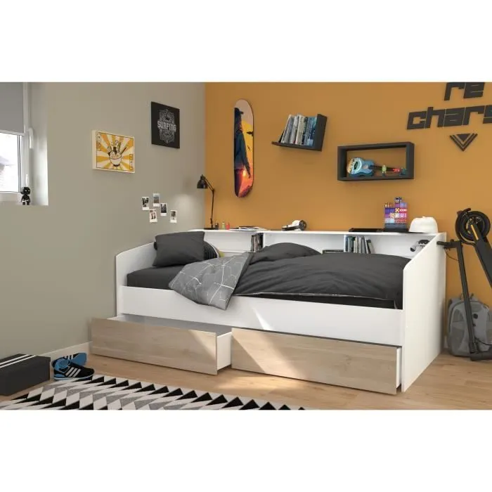 Lit banquette 2 tiroirs 90 x 200/190 cm - MDF - Mat décor chêne et blanc - JOY - 2339ENSE-4