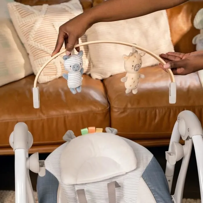 INGENUITY Balancelle bébé électrique compacte – Chambray, arche d'éveil en bois, 5 vitesses de balancement, 8 mélodies et 3 sons de-2