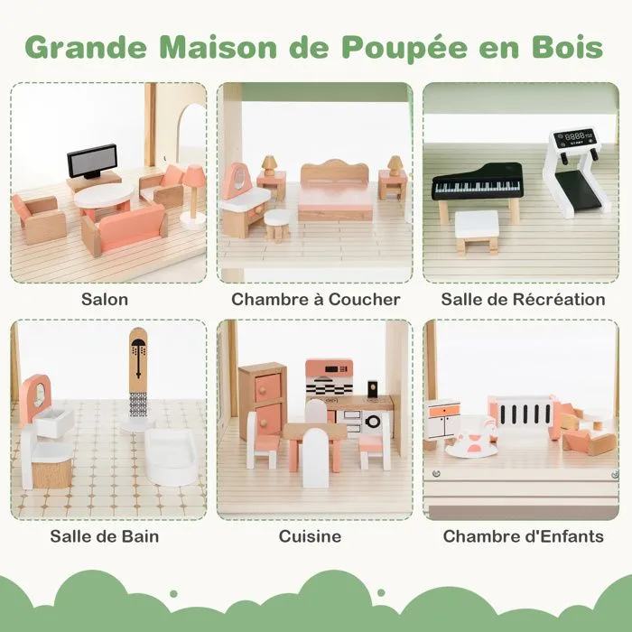 COSTWAY Maison de Poupée d'Angle en Bois pour Enfants 3 Ans+, 3 Étages 6 Chambres avec 35 Accessoires, 87 x 37 x 83 cm, Vert-1