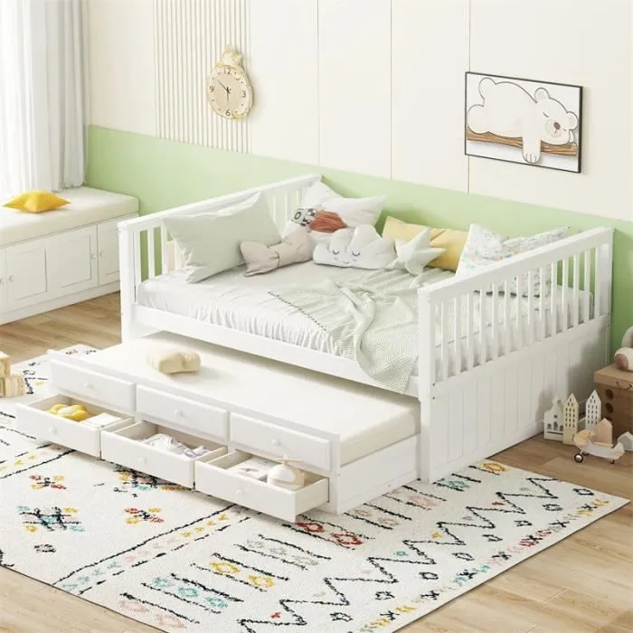 Lit gigogne - DREAMMESPACE - 140x200cm + 90x190cm - Bois massif - 3 tiroirs - Blanc-0
