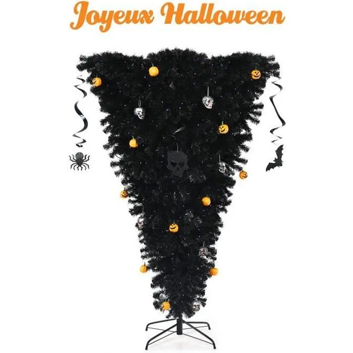 COSTWAY Sapin de Noël Artificiel Noir 180 cm Inversé Arbre d'Halloween avec 270 Lumières LED Violettes Décoré de Citrouilles Crânes-0