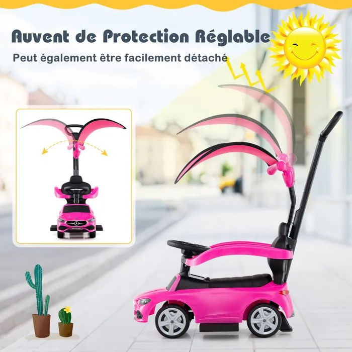 COSTWAY Mercedes Benz 3 en 1 Porteur Enfants avec Canopy Réglable, Barre de Direction, Klaxon, pour 18- 36 Mois, Charge 25kg, Rose-3