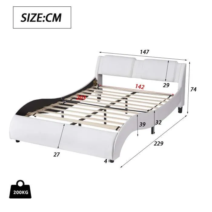 MODERNLUXE Lit adulte 140x200cm, lit double avec LED, sommier à lattes, matériaux bois et simili cuir, Forme du lit space, blanc-3