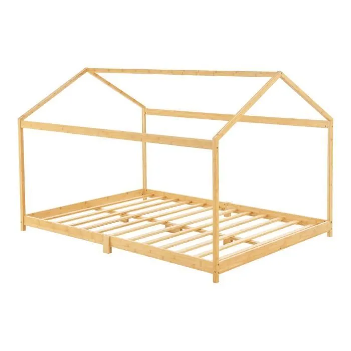 Lit cabane Vindafjord pour enfant 180 x 200 cm forme maison bambou naturel [en.casa]-1