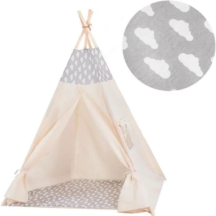 Tente pour enfant en coton SPRINGOS® - 160x120x100 cm - nuage/gris-0