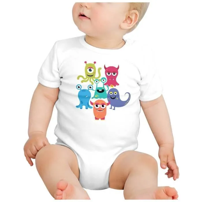 Body Bébé Manche Courte Blanc Monstres Mignons Halloween Peur Horreur-1