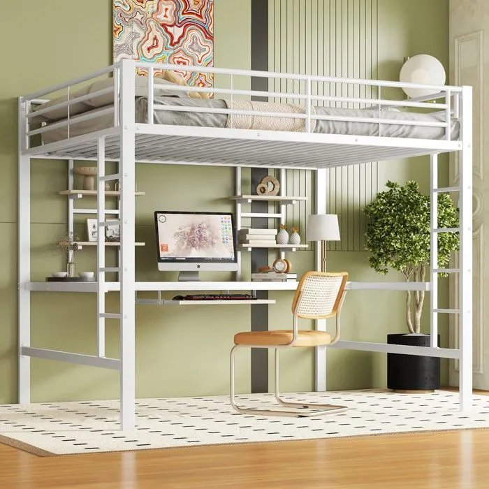 Lit mezzanine 140x200cm - avec bureau et étagères - cadre en métal - Blanc-2