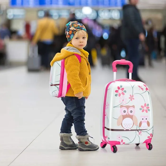Valise Trolley pour Enfants - COSTWAY - Motif Hibou Mignon - Rose - ABS - 4 roulettes-4