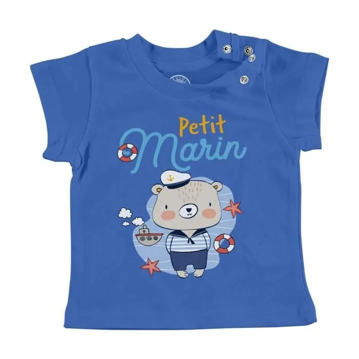 T-shirt Bébé Manche Courte Bleu Petit Marin Dessin Illustration Bateau Mer-0