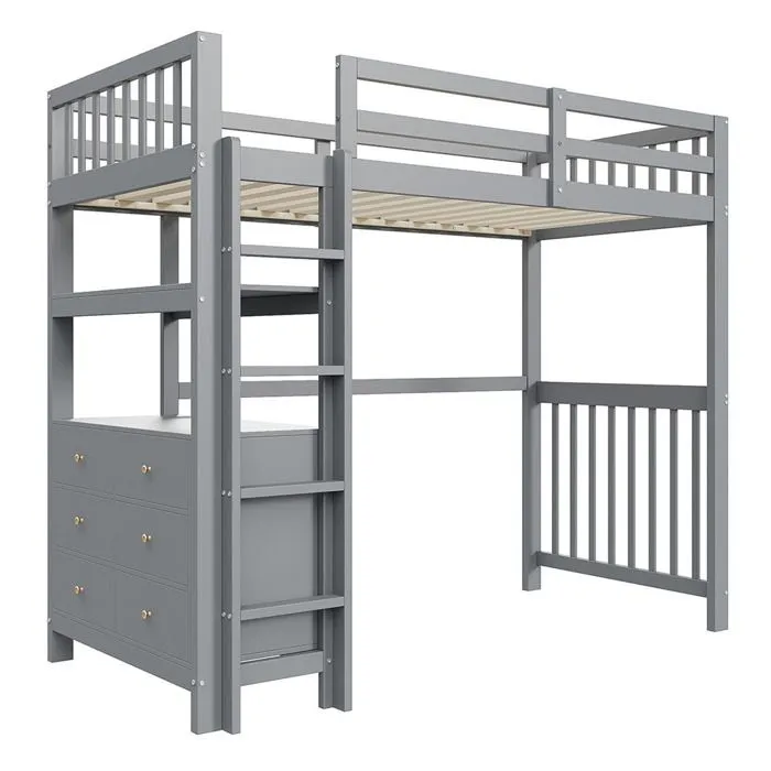 Gutent Lit mezzanine 90x200cm, Échelle de sécurité, Tiroirs et étagères, Lit simple,Gris-5