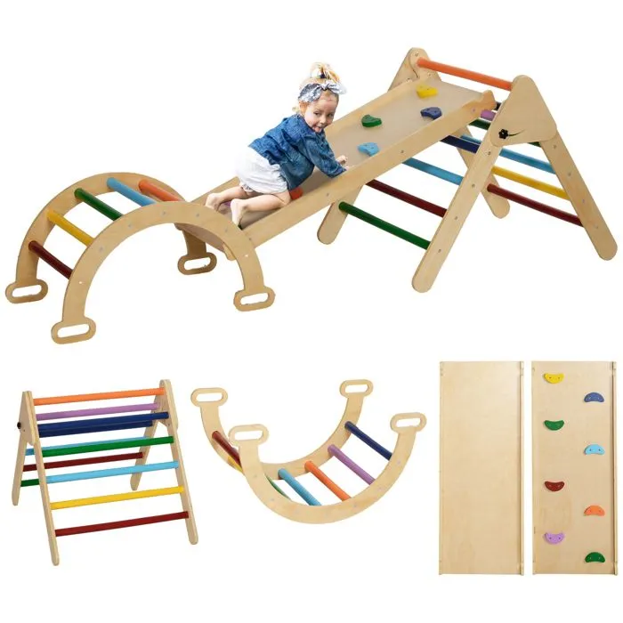 5 en 1 Triangle arche d'escalade enfants - AIYAPLAY - avec rampe d'escalade réversible, toboggan, bascule - multicolore-0