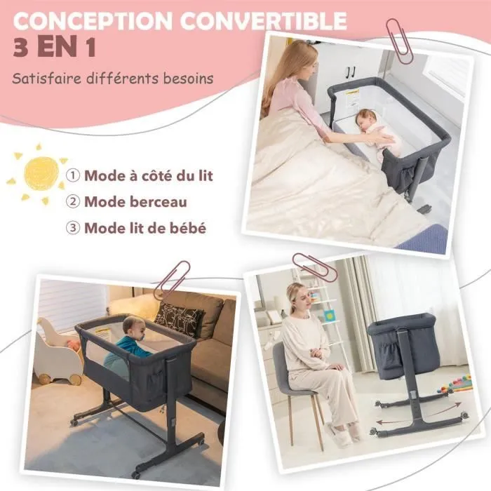 COSTWAY Lit Cododo Bébé à 5 Hauteurs Réglables, Charge 9KG, Lit Berceau Maille Respirante Sac de Voyage pour Bébé 0-6 Mois, Gris-3