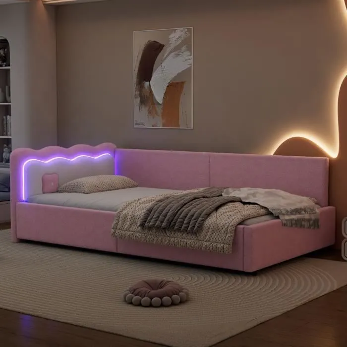Canapé-lit enfant - Imitation polaire - 90x200cm - Velours rose - LED avec télécommande - 1 place-1
