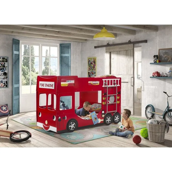 Pack - Lit Superposé & Mezzanine Enfant & 2 Matelas "Pompier" Rouge-1