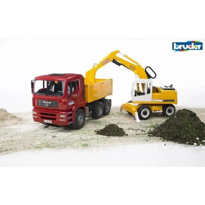 Camion Benne MAN avec Pelleteuse Liebherr - BRUDER - 144565 - Jaune - Pour Enfant à partir de 3 ans-1