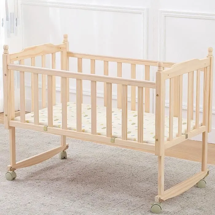 Lit bb en placage MDF roulettes , en pin massif teinte pour matelas 90 x 50 cm-1